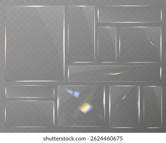 Conjunto de vidrio transparente con bordes lisos, reflejos, deslumbramiento y efectos de luz prismáticos. Varias Formas geométricas para UI, Web y Diseño gráfico.	