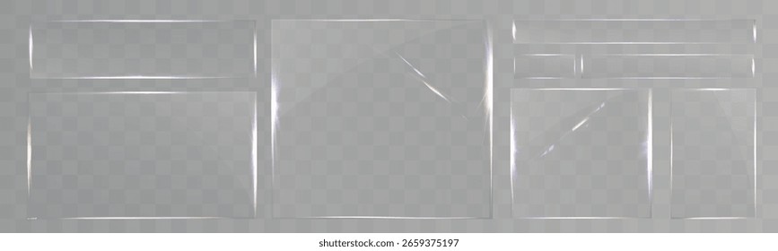 Conjunto de vidrio transparente con bordes lisos, reflejos, deslumbramiento y efectos de luz prismáticos. Varias Formas geométricas para UI, Web y Diseño gráfico.