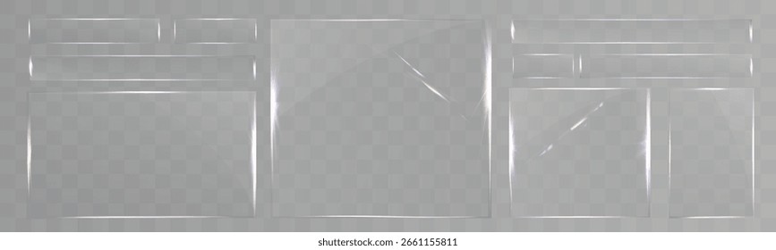 Conjunto de vidrio transparente con bordes lisos, reflejos, deslumbramiento y efectos de luz prismáticos. Varias Formas geométricas para UI, Web y Diseño gráfico.