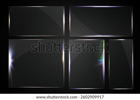 	
Transparent glass set with smooth edges, reflections, glare, and prismatic light effects. Various geometric shapes for UI, web, and graphic design.