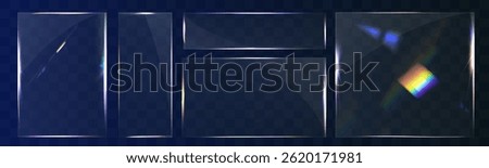 Transparent glass set with smooth edges, reflections, glare, and prismatic light effects. Various geometric shapes for UI, web, and graphic design.	