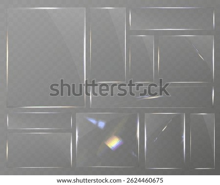 Transparent glass set with smooth edges, reflections, glare, and prismatic light effects. Various geometric shapes for UI, web, and graphic design.	