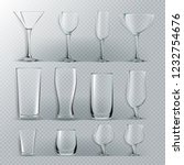Transparent Glass Set Vector. Transparent Empty Glasses Goblets For Water, Alcohol, Juice, Cocktail Drink. Realistic Bright Illustration