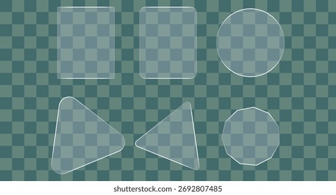 Transparent Glass Shape Collection Square Round Triangle on Checkered Background