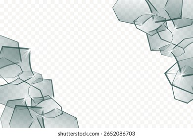 Vidro transparente fragmenta a moldura da borda no fundo PNG do vetor. Fragmentos de vidro quebrados abstratos, fragmentos afiados e elementos quebrados para projetos de design.