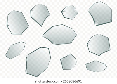 Fragmentos de vidro transparente vetor png ilustração em fundo claro. Fragmentos de vidro quebrados abstratos, fragmentos afiados e elementos quebrados para projetos de design.
