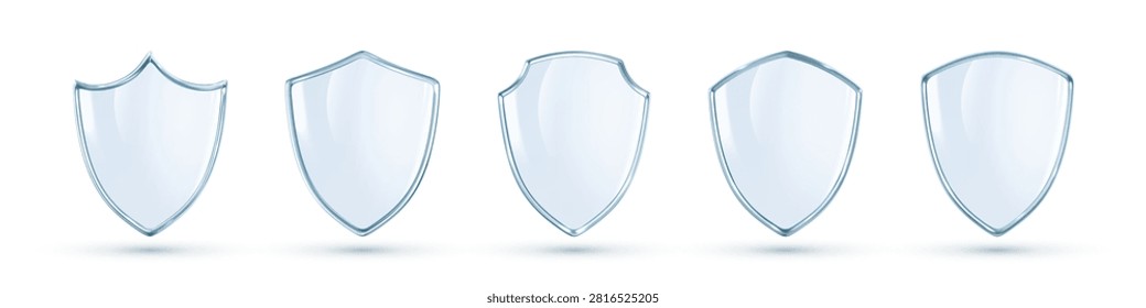 Transparent glass shield collection. Realistic protection icons set. Vector illustration.