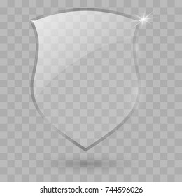 Transparent glass shield with glare from the light and shadow on a transparent background. concept of protection, security, Defense Sign, Conservation Symbol. Vector illustration.
