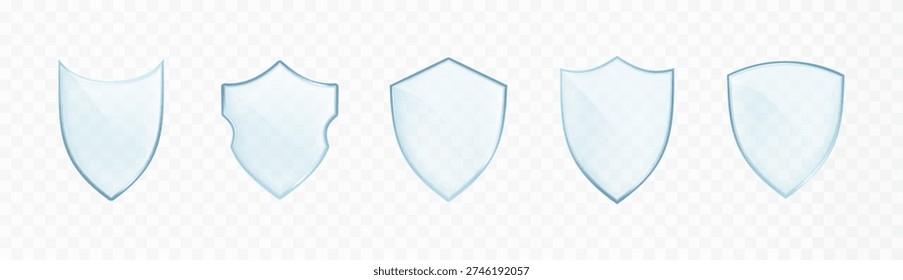 Transparent glass shield icon with realistic design, crystal-clear protective emblem symbolizing security and safety in modern vector illustration