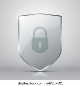 Transparent glass shield with lock on grey background, vector illustration