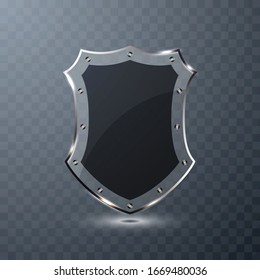 Transparent glass shield on transparent background. Vector illustration.