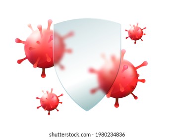 Transparent glass shield with red virus bacteria. Vector illustration