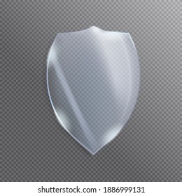 Transparent glass shield, shiny shield-shaped glass. Vector illustration.
