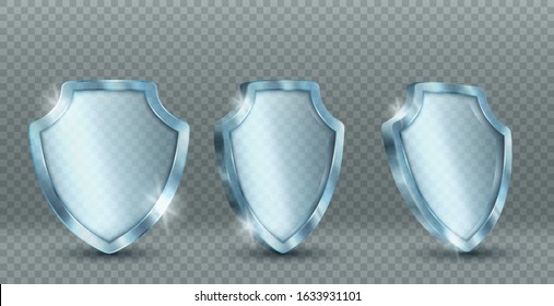 Transparent glass shield. Vector 3d icon of blue safety badge, clear plexiglass defense sign front and angle view. Glossy guard symbol isolated on transparent background