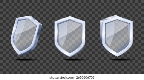 Icono de conjunto de escudos de vidrio transparente. Ilustración vectorial realista