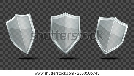 Transparent glass shields set icon. Realistic vector illustration