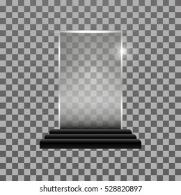 Transparent Glass shiny rectangular award. Trophy Isolated on dark background. Vector illustration, eps 10.