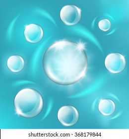 Transparent glass sphere set with glares and highlight. Shiny glossy pearl. Collagen and serum background concept cosmetic. Vector illustration with gradient and effects for your design and business