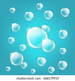 Transparent glass sphere set with glares and highlight. Shiny glossy pearl. Collagen and serum background concept cosmetic. Vector illustration with gradient and effects for your design and business