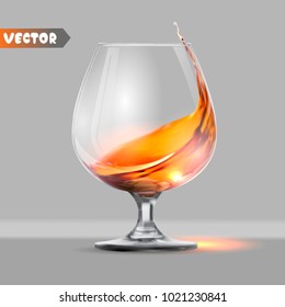 Transparent Glass With A Splash Of Brandy. Classic Cognac Glass, Whiskey Glass. Vector Illustration