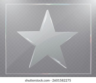 Transparent glass star with light reflections on a checkered background.