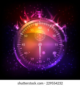 Transparent glass stopwatch on a dark gradient background with fire. Vector illustration