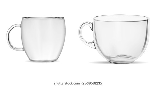 Transparent glass tea coffee cup mockup, isolated template. Restaurant glassware blank realistic illustration. Teacup with handle, disposable beverage container mock up