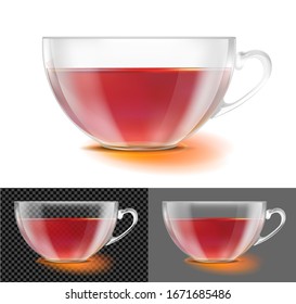 Transparent glass tea cup with black tea