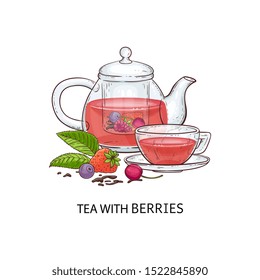 A transparent glass teapot and a cup with berry pink tea. Drink concept with berries tea and teapot. Isolated hand drawn vector illustration.