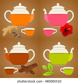 Transparent glass Teapot and cusp set. Vector collection of Different kinds of tea. Set of isolated objects. black tea, green tea, herbal tea, rose tea. ginger, cloves,tea leaves, hibiscus, cinnamon.