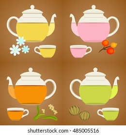 Transparent glass Teapot and cusp set. Vector collection of Different kinds of tea. Set of isolated objects. black tea, green tea, herbal tea, rose tea.chamomile, lime,linked green tea, berries