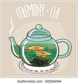 Transparent glass teapot with hot brewed tea with mint, lie on a lacy napkin. Beige background and ornate lettering Ceremony tea. Handmade cartoon style. Vector illustration