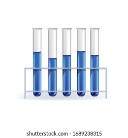 Transparent glass  test tubes with blue liquids. Equipment for chemical laboratory.  Vector illustration. 
