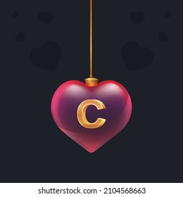 Transparent glass toy with a golden 3D letter C inside. Valentine day decoration element for design flyer, greeting card or any advertising
