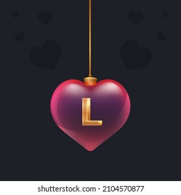 Transparent glass toy with a golden 3D letter L inside. Valentine day decoration element for design flyer, greeting card or any advertising