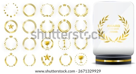 Transparent glass trophy set. Modern vector awards pack for competitions, business recognition, sports prizes, champion achievements, success symbols, and elegant ceremony design.