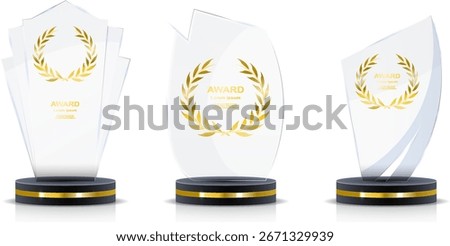 Transparent glass trophy set. Modern vector awards pack for competitions, business recognition, sports prizes, champion achievements, success symbols, and elegant ceremony design.