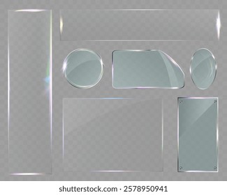 Transparent glass UI elements with light reflections, transparency effects, and realistic details for modern interface design.