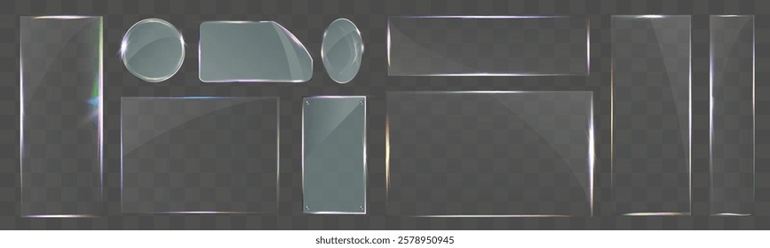 Transparent glass UI elements with light reflections, transparency effects, and realistic details for modern interface design.