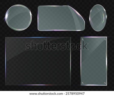 Transparent glass UI elements with light reflections, transparency effects, and realistic details for modern interface design.