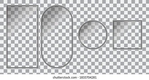 Transparent glass of various shapes. Plexiglass texture. Transparent plastic banners. Vector illustration.