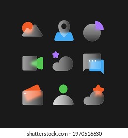 Transparent glass vector icon design set. Glass morphism vector effect. Glass-morphism trend style for web. Icons set