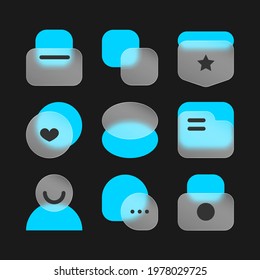 Transparent glass vector icon design set. Glass morphism vector effect. Glass-morphism trend style for web. Blue icons set