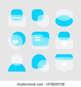 Transparent glass vector icon design set. Glass morphism vector effect. Glass-morphism trend style for web. Blue icons set