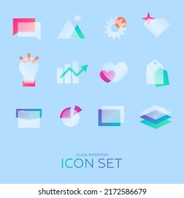 Transparent glass vector icon design set. Glass morphism vector effect. Glass-morphism trend style for web. Icons set