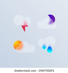 Transparent glass vector icons design. Weather icons for web design and applications Glass morphism vector effect. Glass-morphism trend style for web