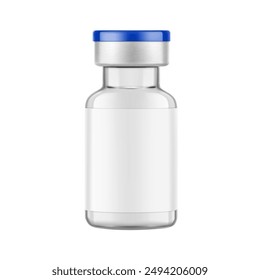 Transparent glass vial for injections mockup. Vector illustration isolated on white background. Can be use for medicine, cosmetic and other. Ready for your design. EPS10.