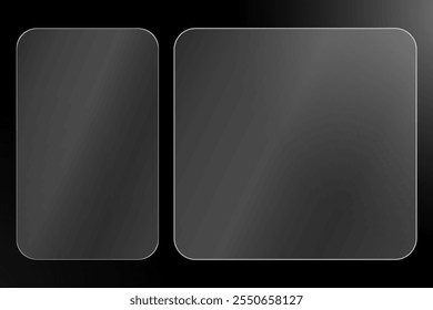 Transparent glass with white frame. Rectangular glass for window. Realistic glare, bright reflections from sun rays. black background, use transparency mode