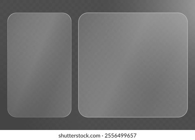 Transparent glass with white frame. Rectangular glass for window. Realistic glare, bright reflections from sun rays. Artificial transparent background with highlights.