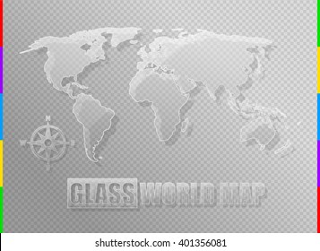 Transparent glass world map background. Decorative design element. Global business clear concept. Glass world map on transparency. Transparent map of world